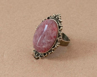 Gothic Victorian Strawberry Quartz Ring - Adjustable Antique Bronze Filigree