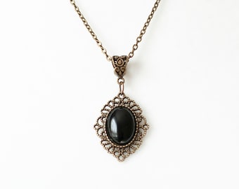 Gothic necklace with black agate pendant-Victorian Cameo necklace with Antique Bronze chain-Vintage inspired jewelry