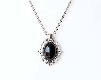 Gothic Necklace with Black Agate pendant-Victorian Cameo necklace with Antique Silver chain-Vintage inspired jewelry