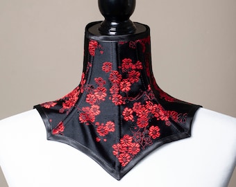 Black & Red Brocade Neck Corset/Posture Collar-Floral Print Choker