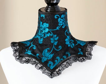 Black & Blue Brocade Neck Corset- Victorian Gothic Posture Collar