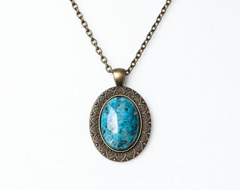 Gothic Necklace with Blue Onyx Pendant - Victorian Cameo Necklace with Antique Bronze Chain
