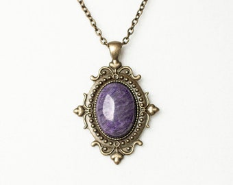 Victorian Gothic-Inspired Purple Agate Necklace with Antique Bronze Chain