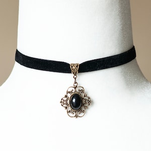 Elegant Black Velvet Choker with Black Agate Pendant - Gothic, Boho, and Victorian Inspired Jewelry
