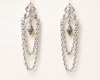 Gothic Chain Chandelier earrings-Victorian Dangle Earrings-Long Silver Drop Earrings-Gothic Jewelry-Antique Inspired Accessories