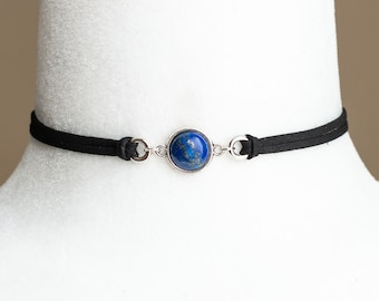 Lapis Lazuli Black Vegan Suede Choker: Gemstone Collar with Bronze or Silver Finish - Stylish and Unique Jewelry Piece