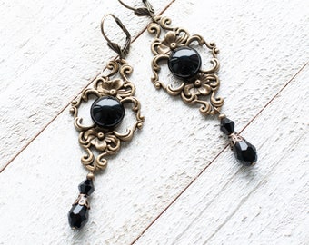 Gothic Chandelier earrings with Black Agate Stone-Victorian Dangle Earrings