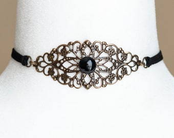 Black Vegan Suede Filigree Choker with Black Agate gemstone-Gothic Victorian Necklace-Vintage Inspired Jewelry
