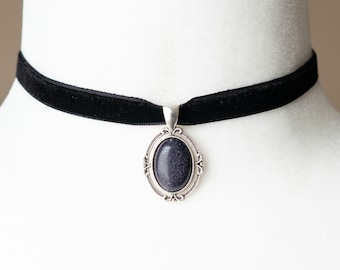 Black Velvet Choker with Blue Sandstone pendant-Victorian Gothic Cameo necklace-Vintage inspired Gemstone jewelry