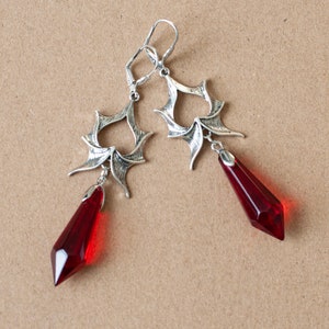 Gothic Dragon Wing Dangle Earrings with Large Crystals in Silver Finish-Black or Red Crystals image 3