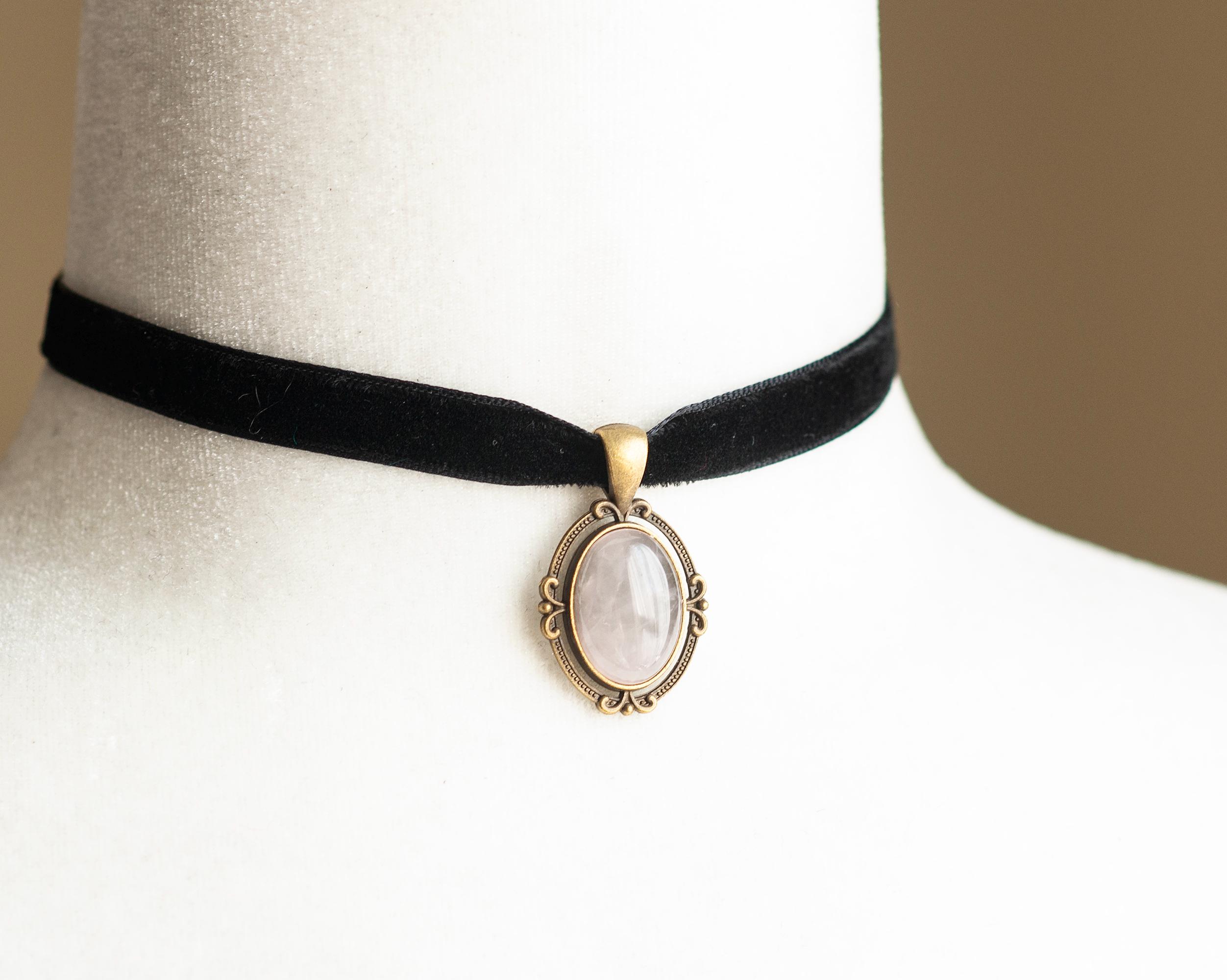 Black Velvet Choker With Rose Quartz Pendant-victorian Gothic