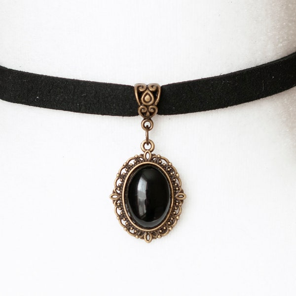 Gothic Choker with Black Agate pendant-Victorian Black suede Cameo necklace-Vintage inspired jewelry