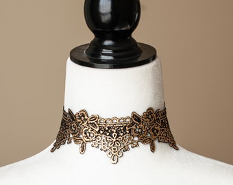 Collier ras de cou floral en dentelle noire et dorée-Collier gothique victorien-Mariage-Accessoires pour occasions spéciales