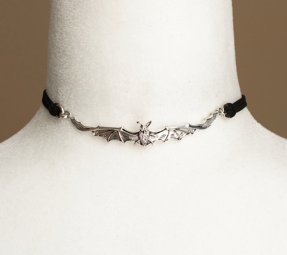 Vampire Bat Pendant Black Vegan Suede Choker - Gothic Necklace - Halloween Accessories