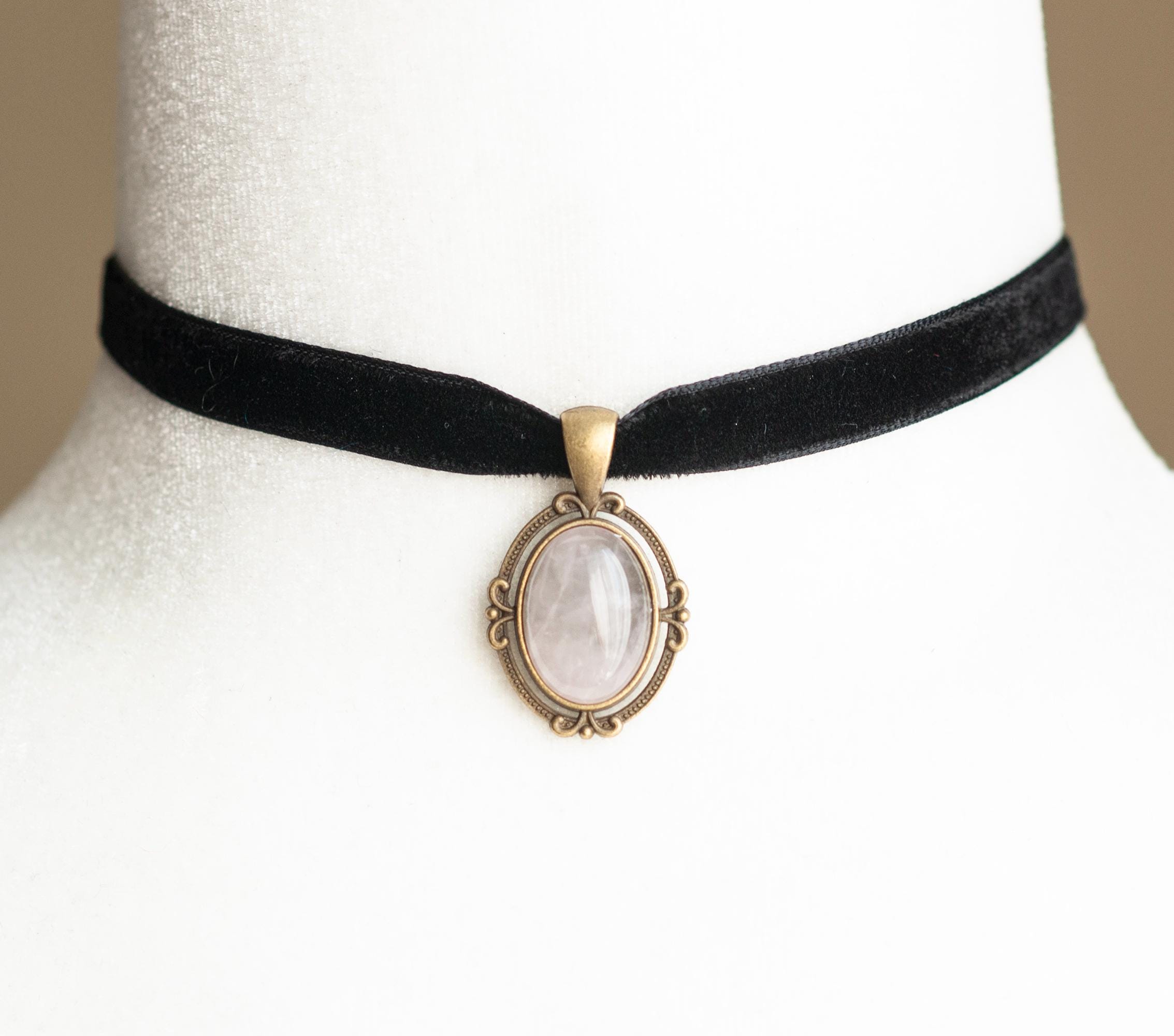 Black Velvet Choker With Rose Quartz Pendant-victorian Gothic