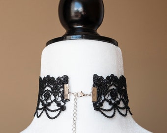 Collana Girocollo Largo In Pizzo Nero Stile Boho Gotico - Collana Vintage In Chiffon E Lega Con Catena Di Estensione - Regalo Per Donna E Ragazza