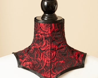 Black & Red Roses Neck Corset in Embossed Jacquard-Floral Posture Collar-Victorian Choker