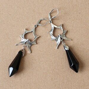 Gothic Dragon Wing Dangle Earrings with Large Crystals in Silver Finish-Black or Red Crystals Black