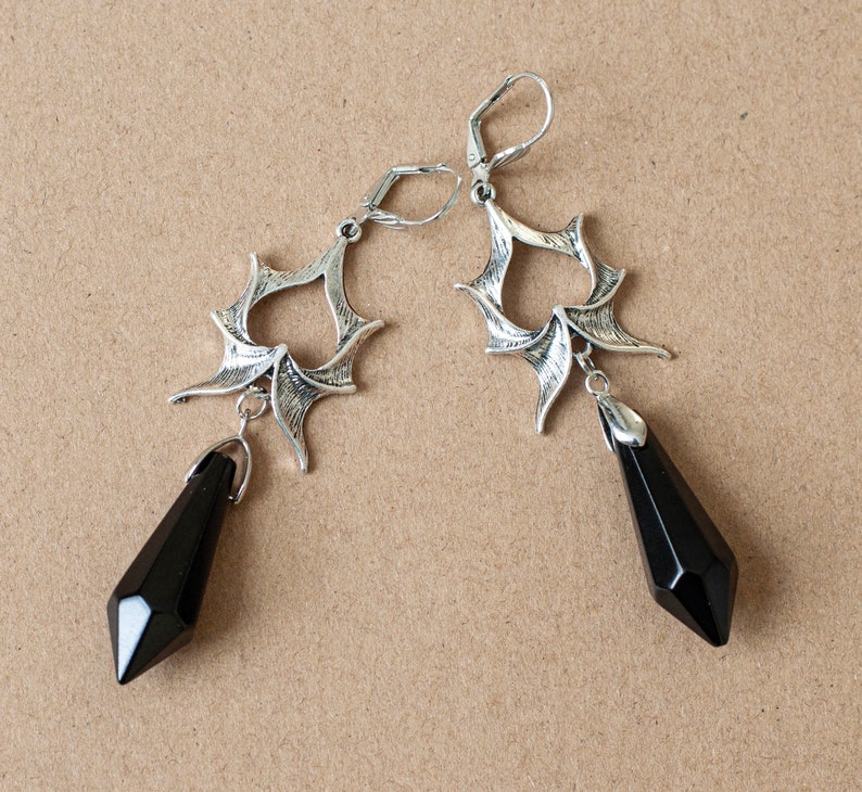 Gothic Dragon Wing Dangle Earrings with Large Crystals in Silver Finish-Black or Red Crystals Black