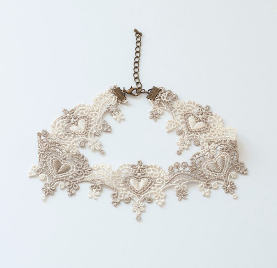 Cream Beige Lace Choker With Hearts Elegant Victorian Bridal or Bridesmaid Wedding Accessory Etsy UK