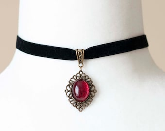 Black Velvet Choker with Blood Red pendant-Gothic Victorian Cameo necklace-Vampire Collar