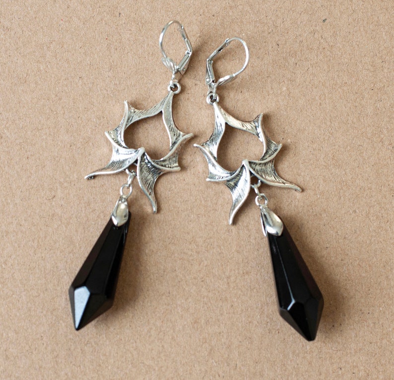 Gothic Dragon Wing Dangle Earrings with Large Crystals in Silver Finish-Black or Red Crystals image 7