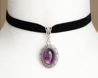 Black Velvet Choker with Amethyst Gemstone Pendant-Gothic Victorian Jewelry