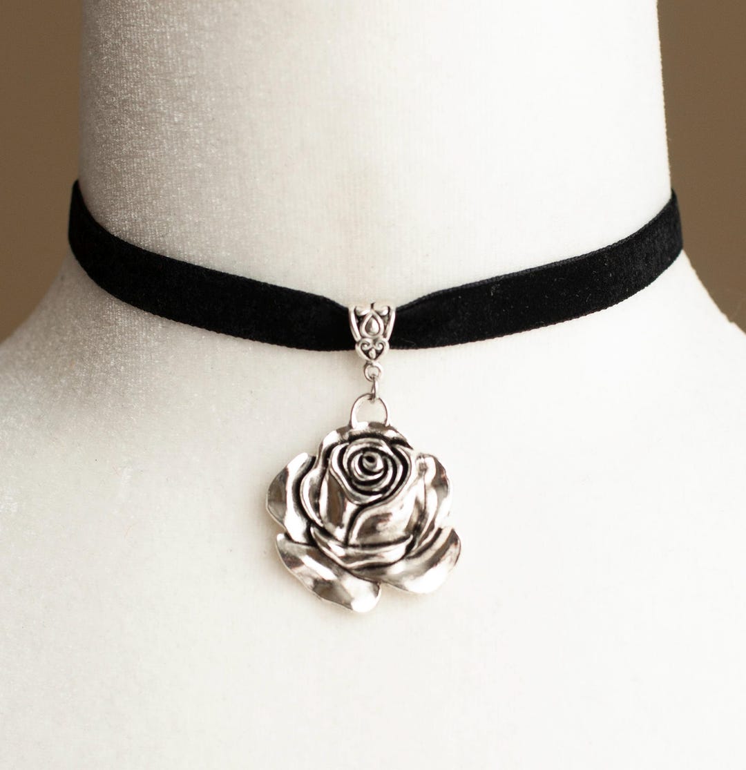 Black Velvet Choker Necklace With Silver Tone Rose Pendant - Gothic ...