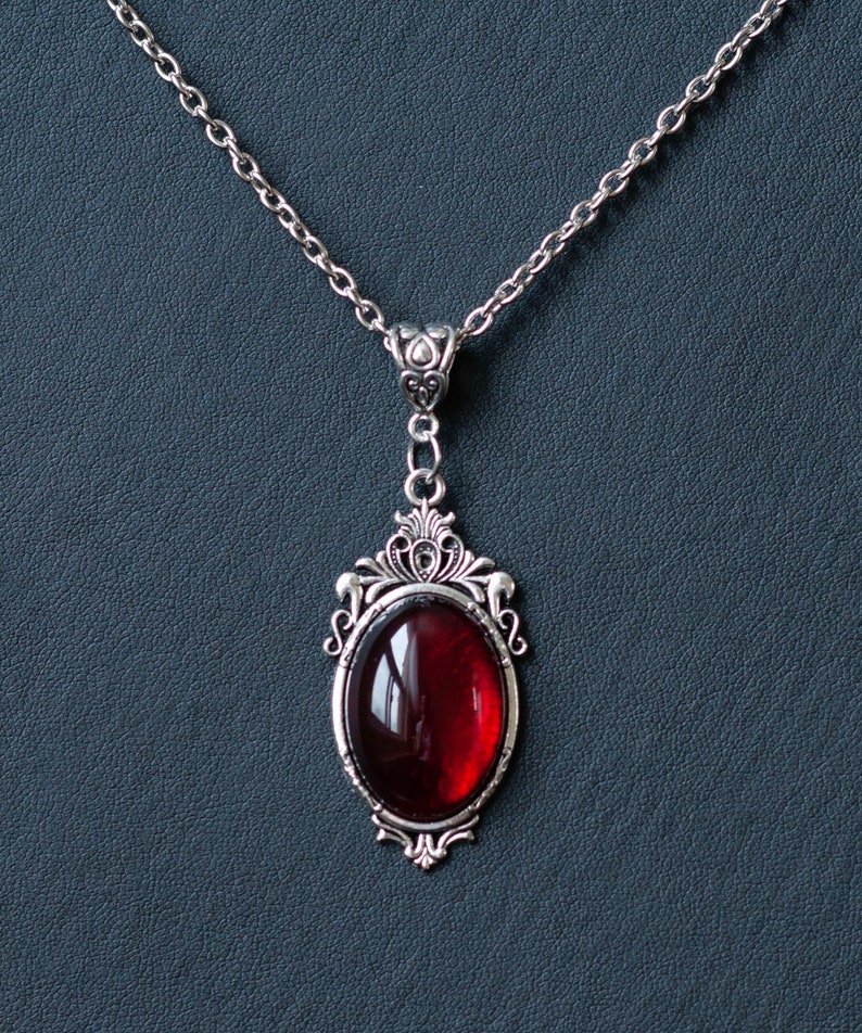 Gothic Necklace with Dark Red pendant-Victorian Cameo necklace-Vintage inspired Filigree jewelry image 4