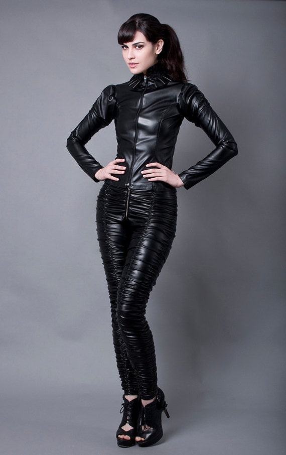 black ruched leather pants