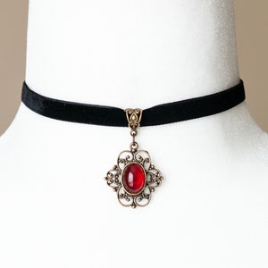 Black Velvet Choker with Red pendant-Victorian Gothic Cameo necklace-Vintage inspired filigree jewelry