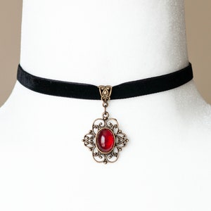 Victorian Inspired Black Velvet Choker with Red Glass Cabochon Pendant - Antique Bronze Elegance-Victorian Gothic Cameo necklace