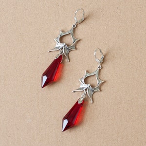 Gothic Dragon Wing Dangle Earrings with Large Crystals in Silver Finish-Black or Red Crystals image 5