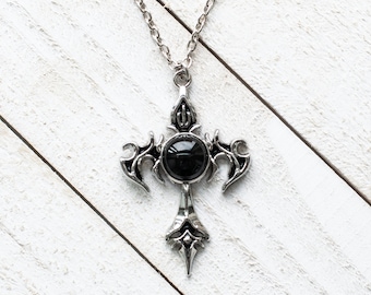 Gothic Cross Pendant Necklace with Black Agate Stone-Medieval Jewelry-Witchy Accessories-Unisex  Gift