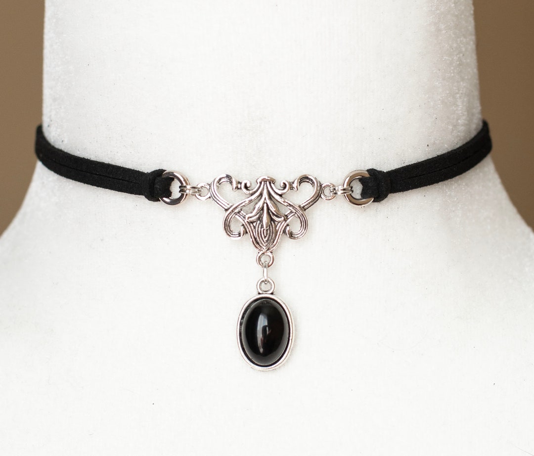 Vegan Suede Choker Necklace With Black Agate Gemstone & Antique Silver ...