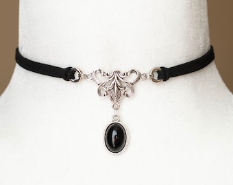 Vegan Suede Choker Necklace with Black Agate Gemstone & Antique Silver filigree-Gothic Victorian Jewelry