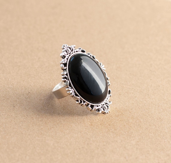 Gothic Victorian Black Onyx Ring adjustable Antique Silver Ring