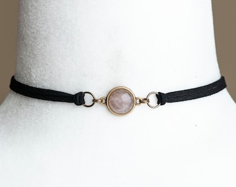 Black Vegan Suede Gemstone Choker Necklace-Black Agate-Amethyst-Rose Quartz-Bronze or Silver Finish