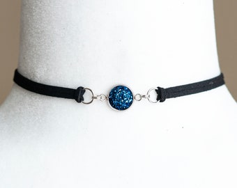 Black Vegan Suede Choker Necklace with Blue Druzy pendant