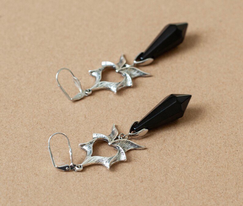 Gothic Dragon Wing Dangle Earrings with Large Crystals in Silver Finish-Black or Red Crystals image 6