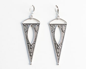 Gothic Medieval Earrings-Long Antique Silver Wiccan Earrings-Witchy Triangle Earrings