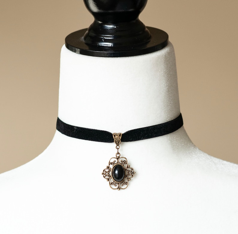 Elegant Black Velvet Choker With Black Agate Pendant - Gothic, Boho ...