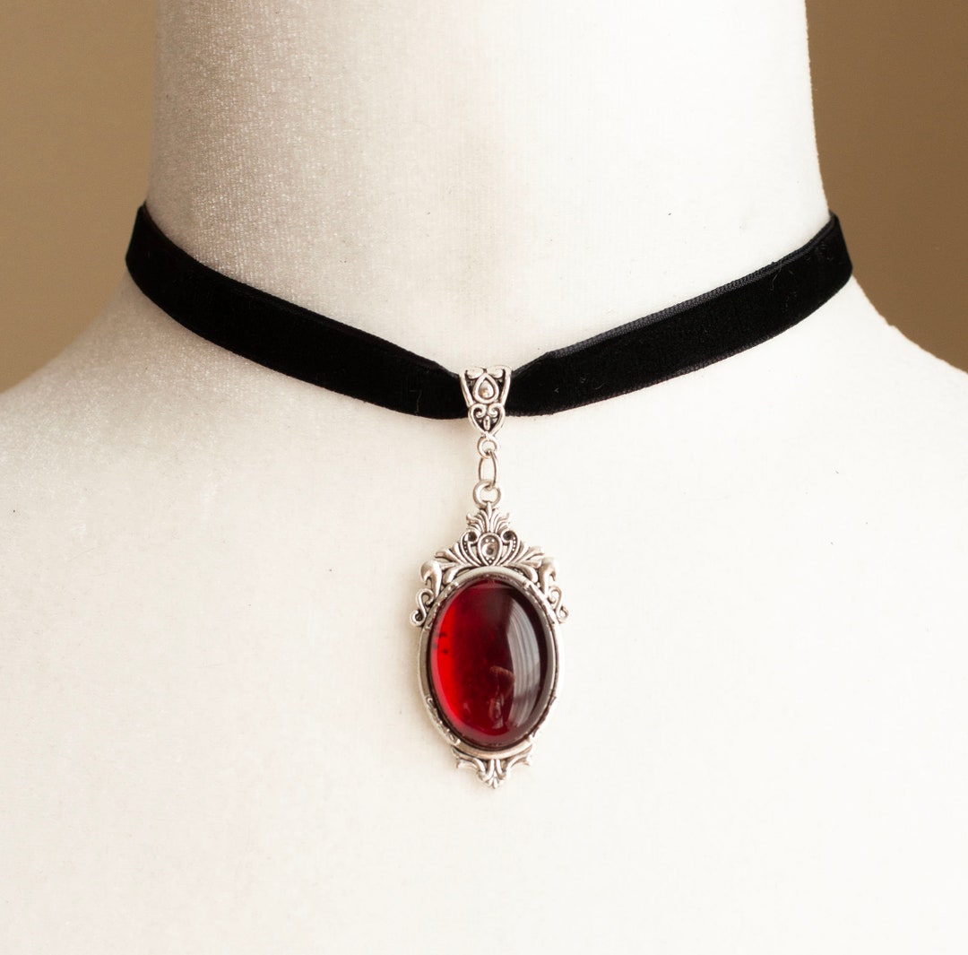 Black Velvet Choker With a Dark Red Pendant-victorian Gothic Necklace ...