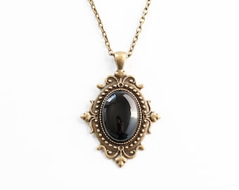 Gothic Necklace with Black Onyx pendant-Victorian Cameo necklace with Antique Bronze Chain-Vintage inspired Filigree jewelry