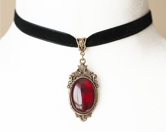 Black Velvet Choker with a Dark Red pendant-Victorian Gothic necklace-Antique Bronze
