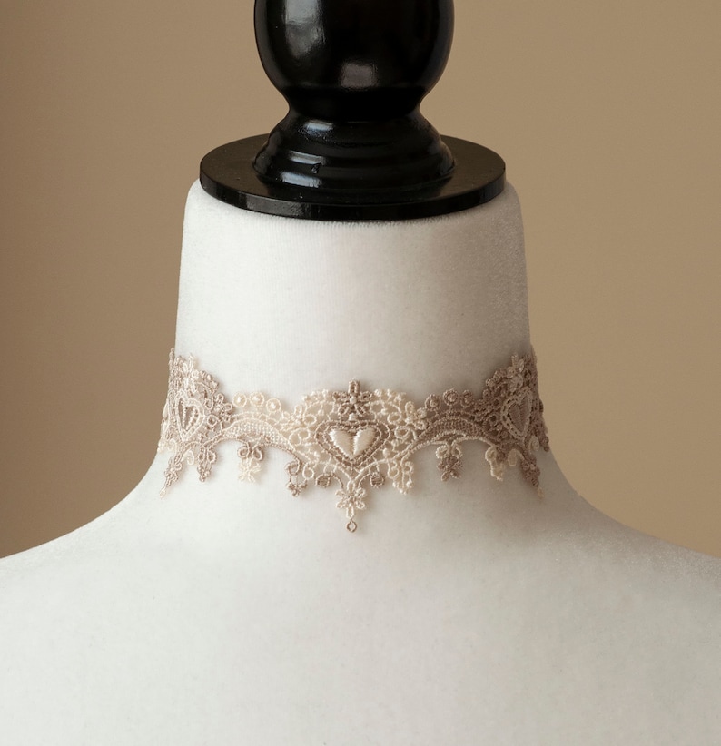 Cream & Beige Lace Choker with Hearts-Victorian/Bridal/Bridesmaid/ Wedding image 3