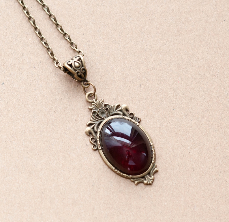 Gothic Necklace with Dark Red pendant-Victorian Cameo necklace-Vintage inspired Filigree jewelry Bronze