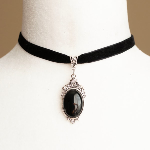 Tour de cou en velours noir avec pendentif Black Onyx-Collier gothique victorien-Bijoux romantiques