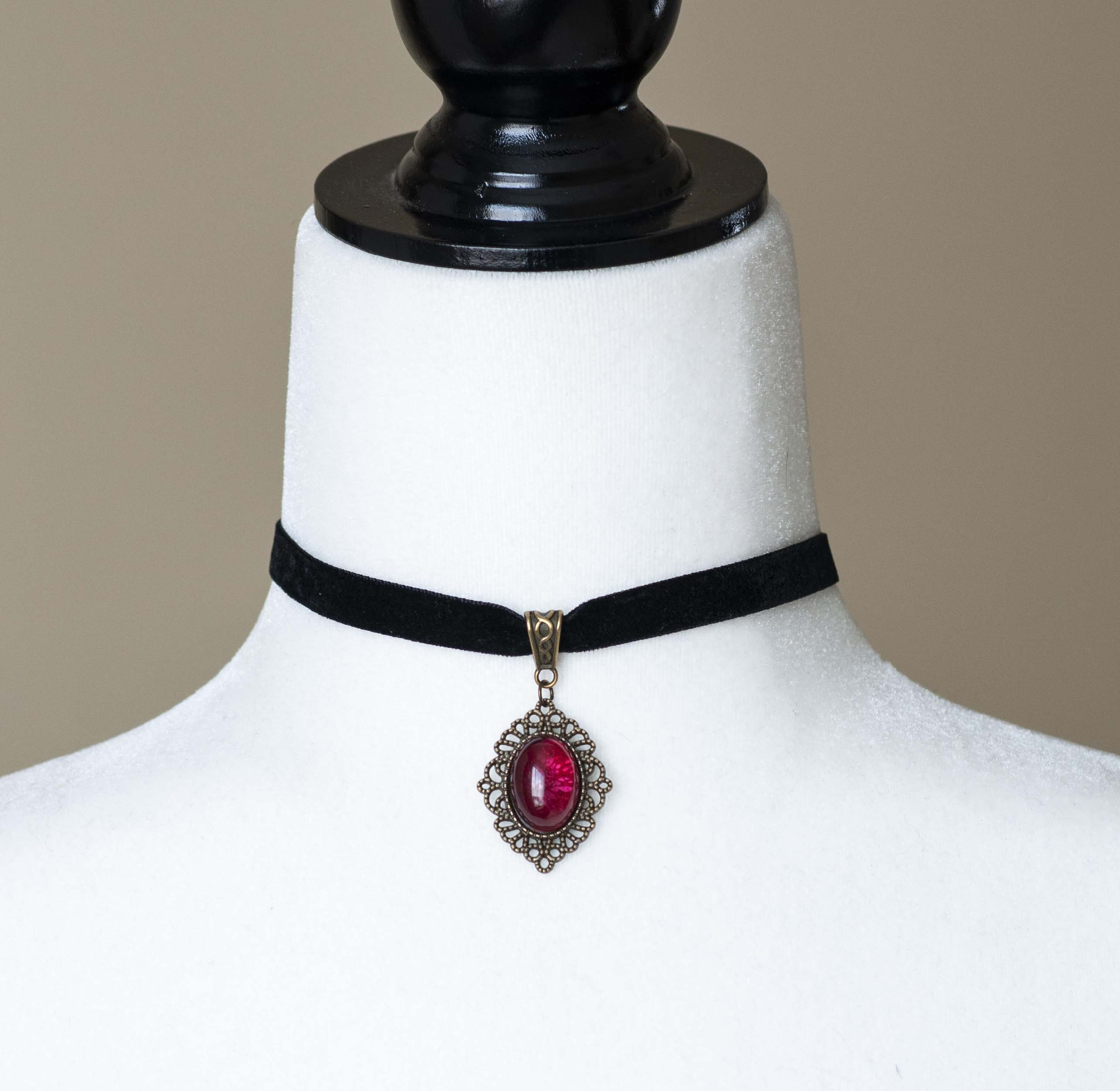 Black Velvet Choker With Blood Red Pendant-gothic Victorian Cameo ...