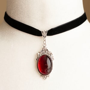 Black Velvet Choker With a Dark Red Pendant-victorian Gothic Necklace ...